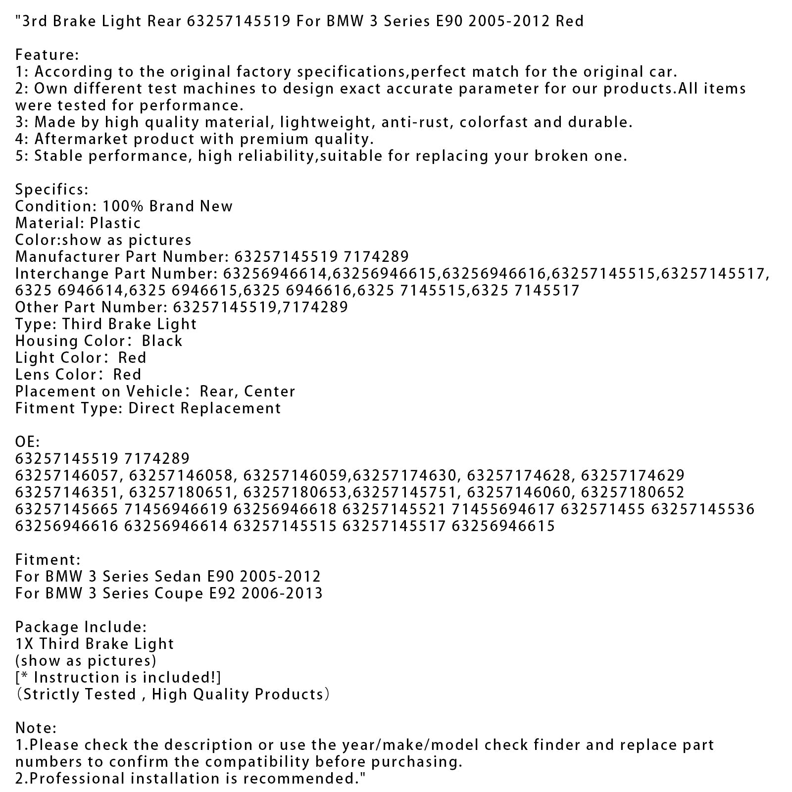 Troisième feu stop arrière 63257145519 pour BMW Série 3 E90 2005-2012 Rouge