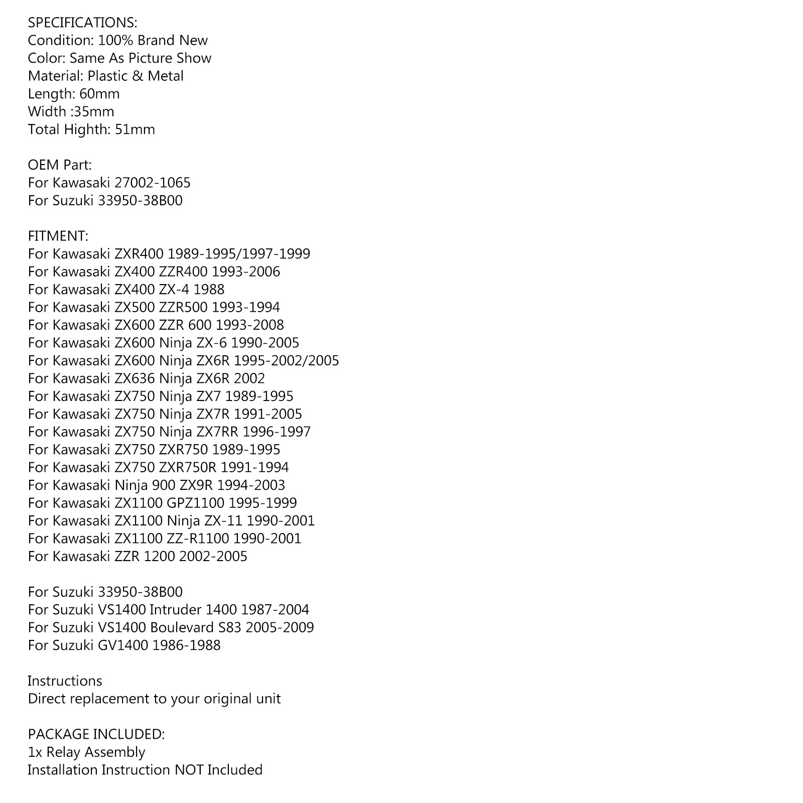 Za Kawasaki ZZR1200 ZZR600 27002-1065,33950-38B00 Stike relejne črpalke za Suzuki vs 1400 Introuder Madura 1200