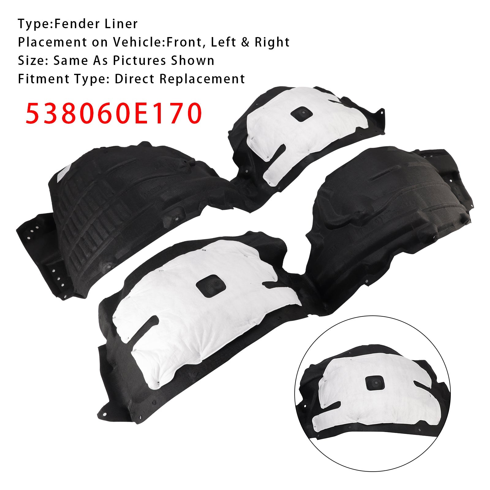 Paire de doublures d'ailes intérieures avant pour Toyota Highlander 2020-2024 538060E170