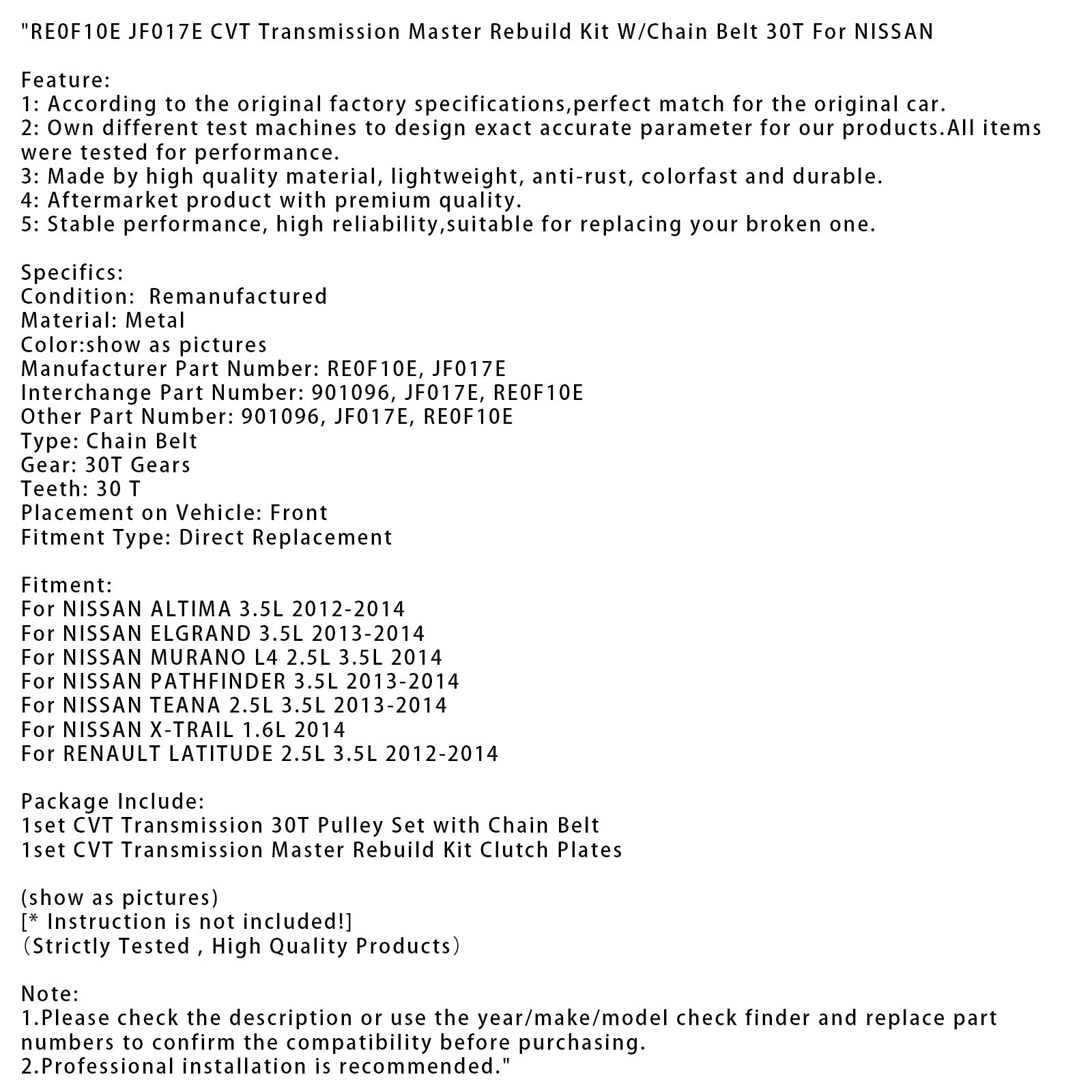 Kit di ricostruzione della trasmissione CVT con curva di distribuzione 30 ammaccature per Nissan teana 2,5 L e 3,5 L (RE0F10E JF017E) 2013-2014