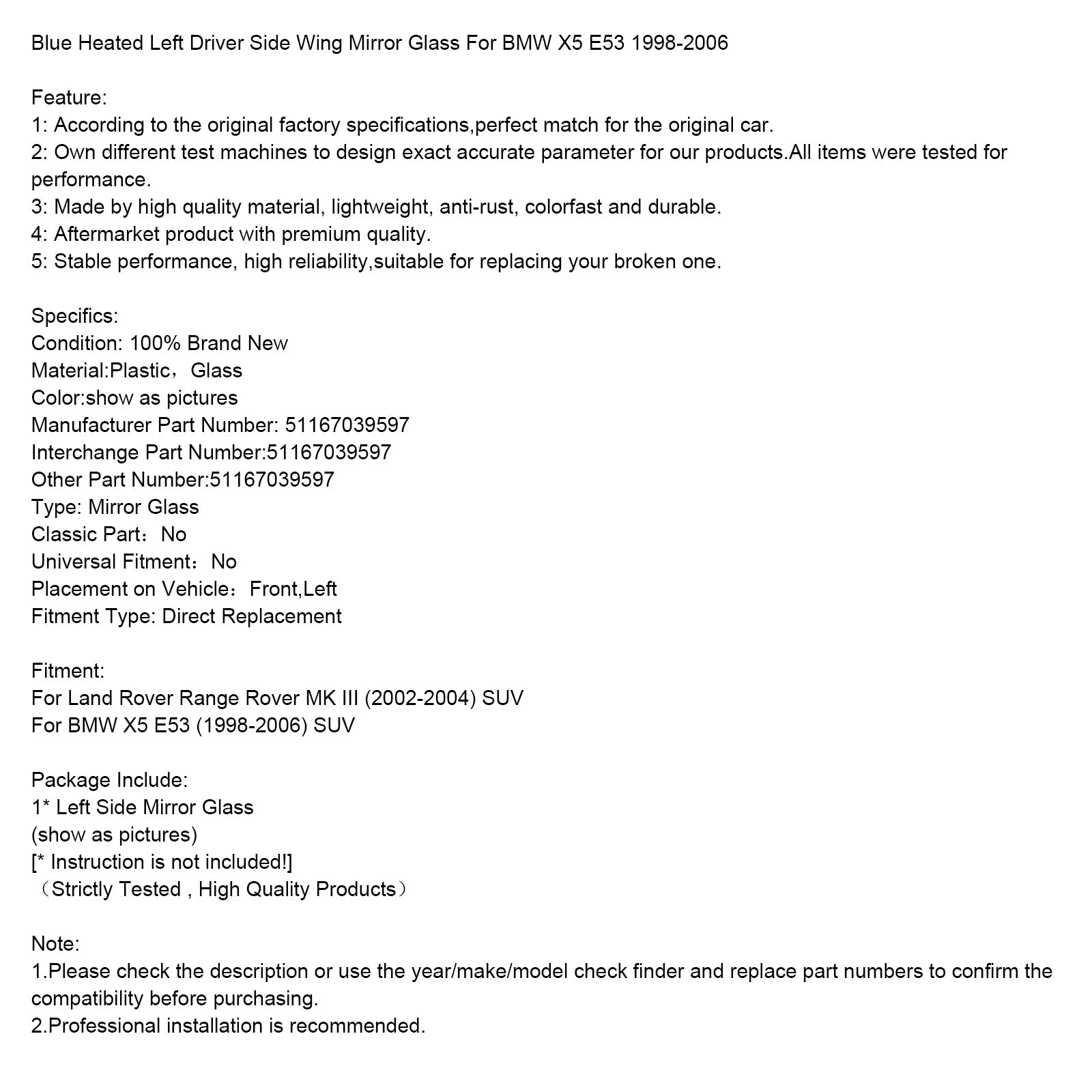 Links achteraanzicht spiegel blauwe verwarming voor BMW X5 E53 1998-2006