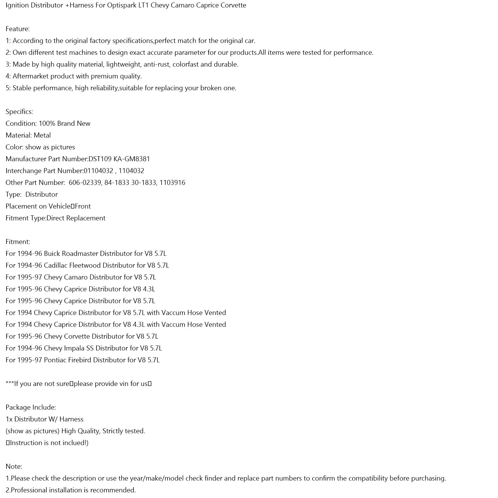 Ignition Distributor + Harness voor Optispark LT1 Chevrolet Corvette Caprice