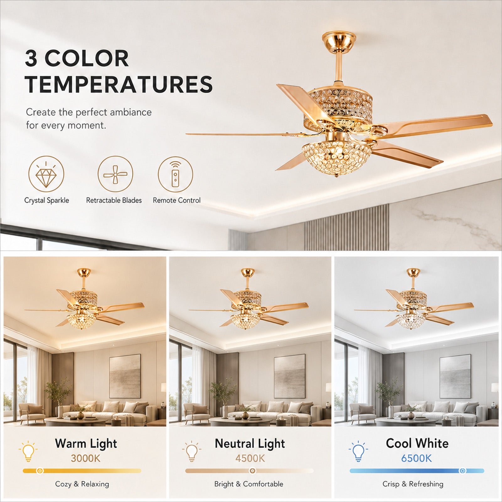 Ventilateur de Plafond Doré avec Lustre en Cristal 52" – Éclairage LED, Télécommande, 5 Pales, 6 Vitesses