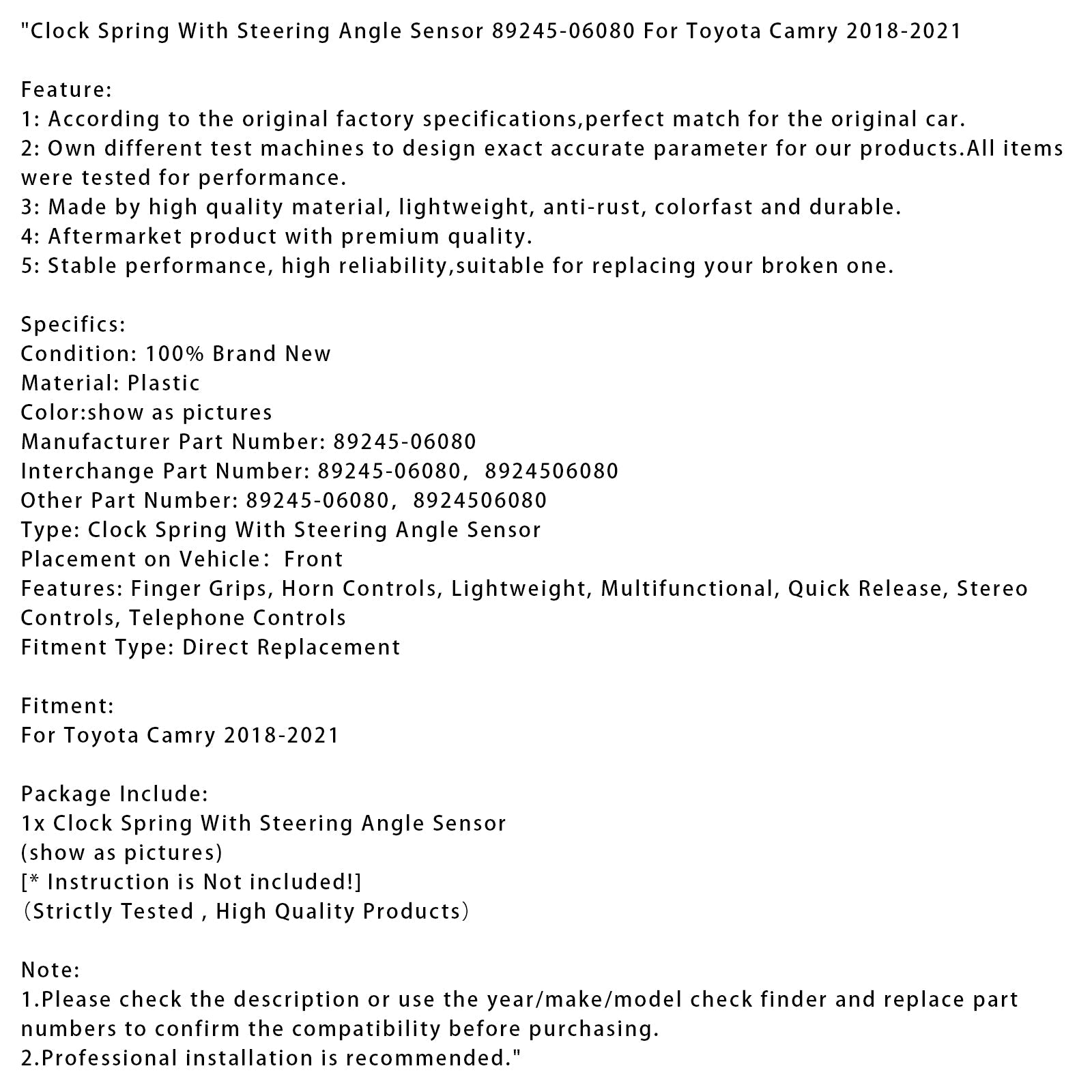 Muelle de retorno con sensor de ángulo de dirección para Toyota Camry 2018-2021 (p/n 89245-06080)