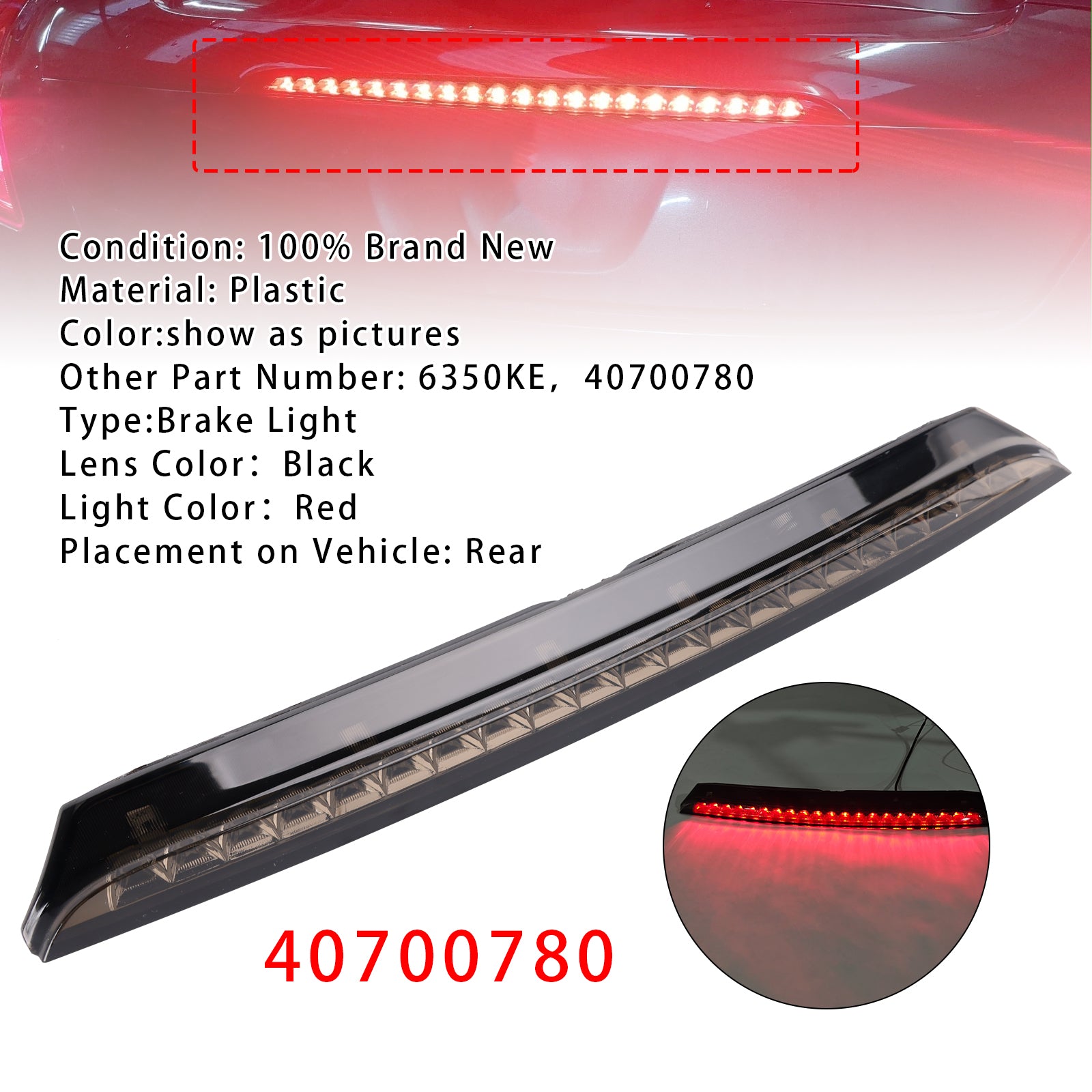 Rear Third Brake Light Lamp 40700780 Pour Peugeot RCZ 2010-2015 Black