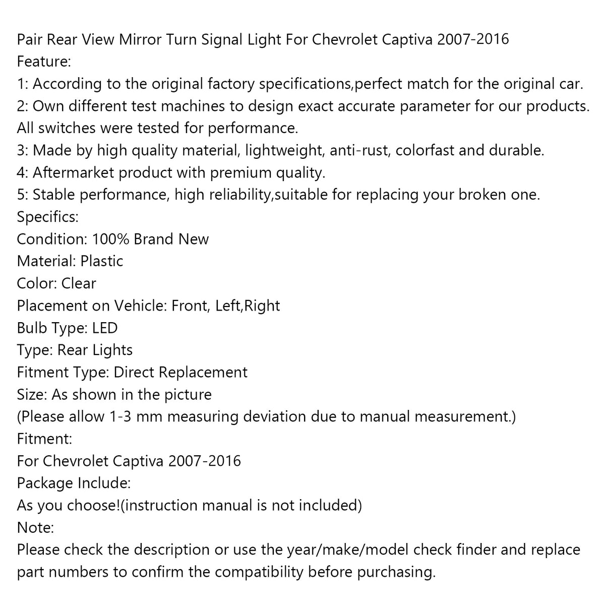 Paire Feu Clignotant De Rétroviseur Pour Chevrolet Captiva 2007-2014