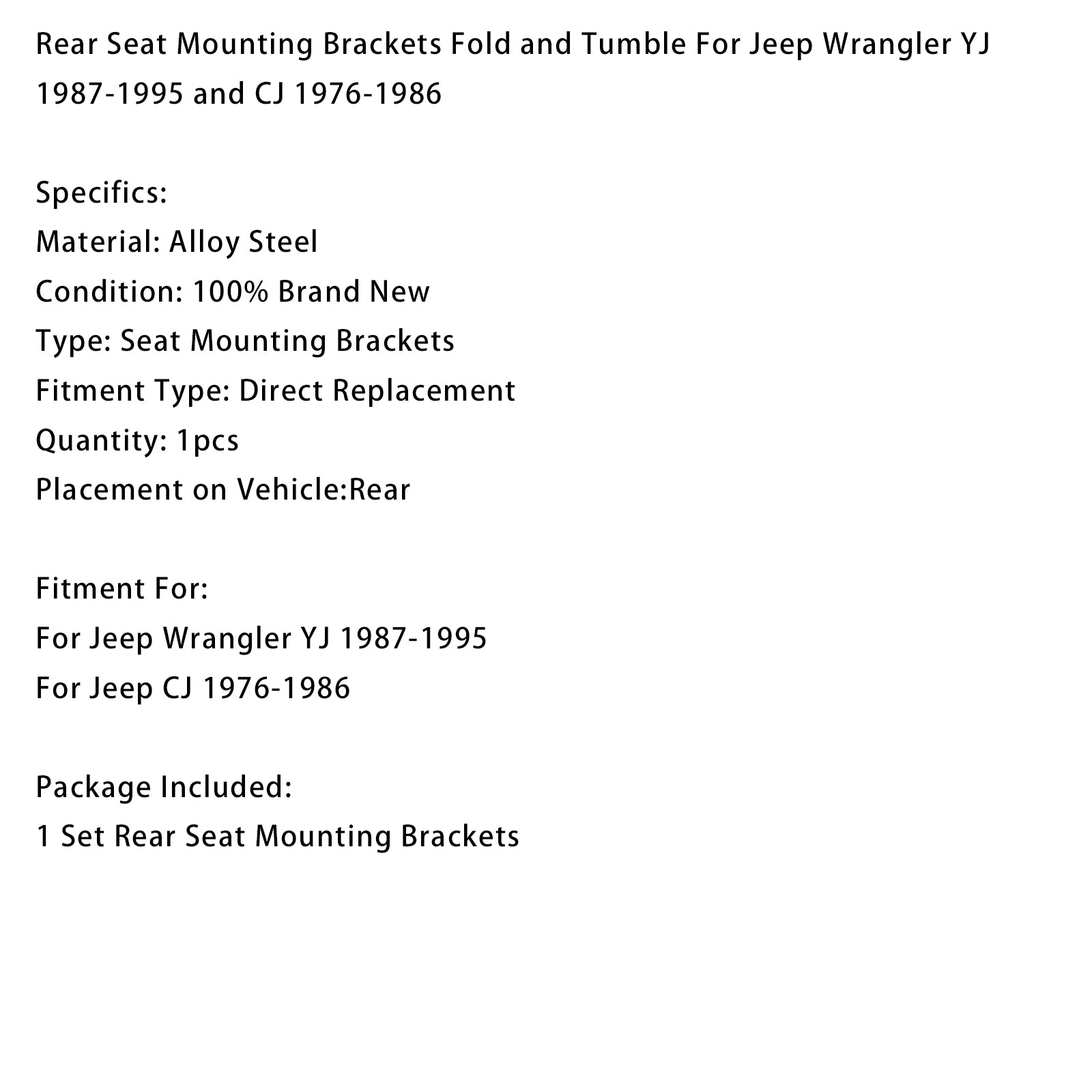 Rear Seat Mounting Brackets Fold/Tumble Pour Jeep Wrangler YJ 1987-1995 CJ 1976-1986
