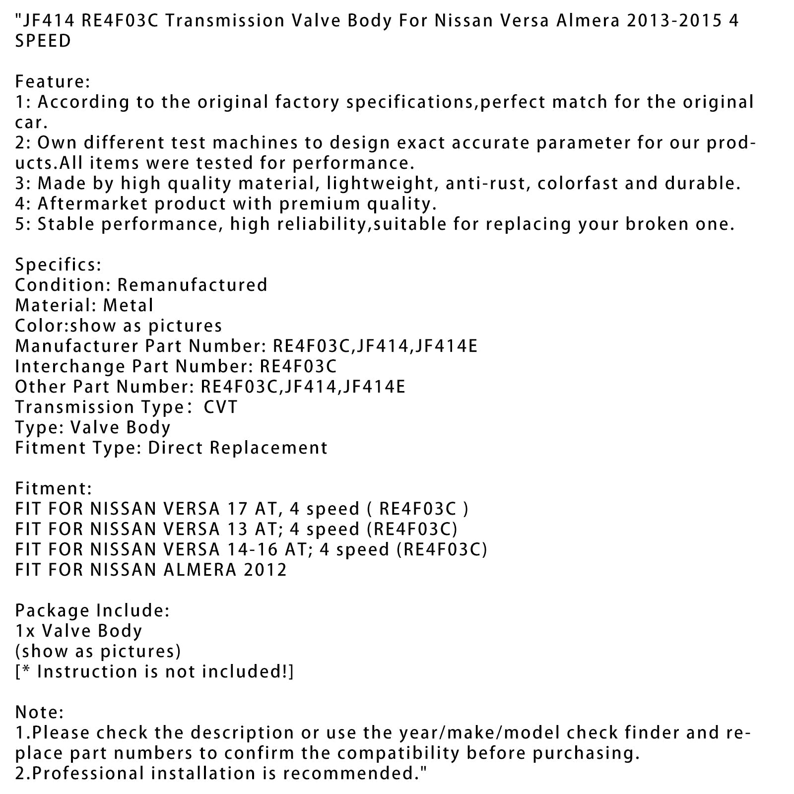 Ciało zaworu transmisyjnego Nissan Versa 14-16 przy 4 prędkości JF414 RE4F03C