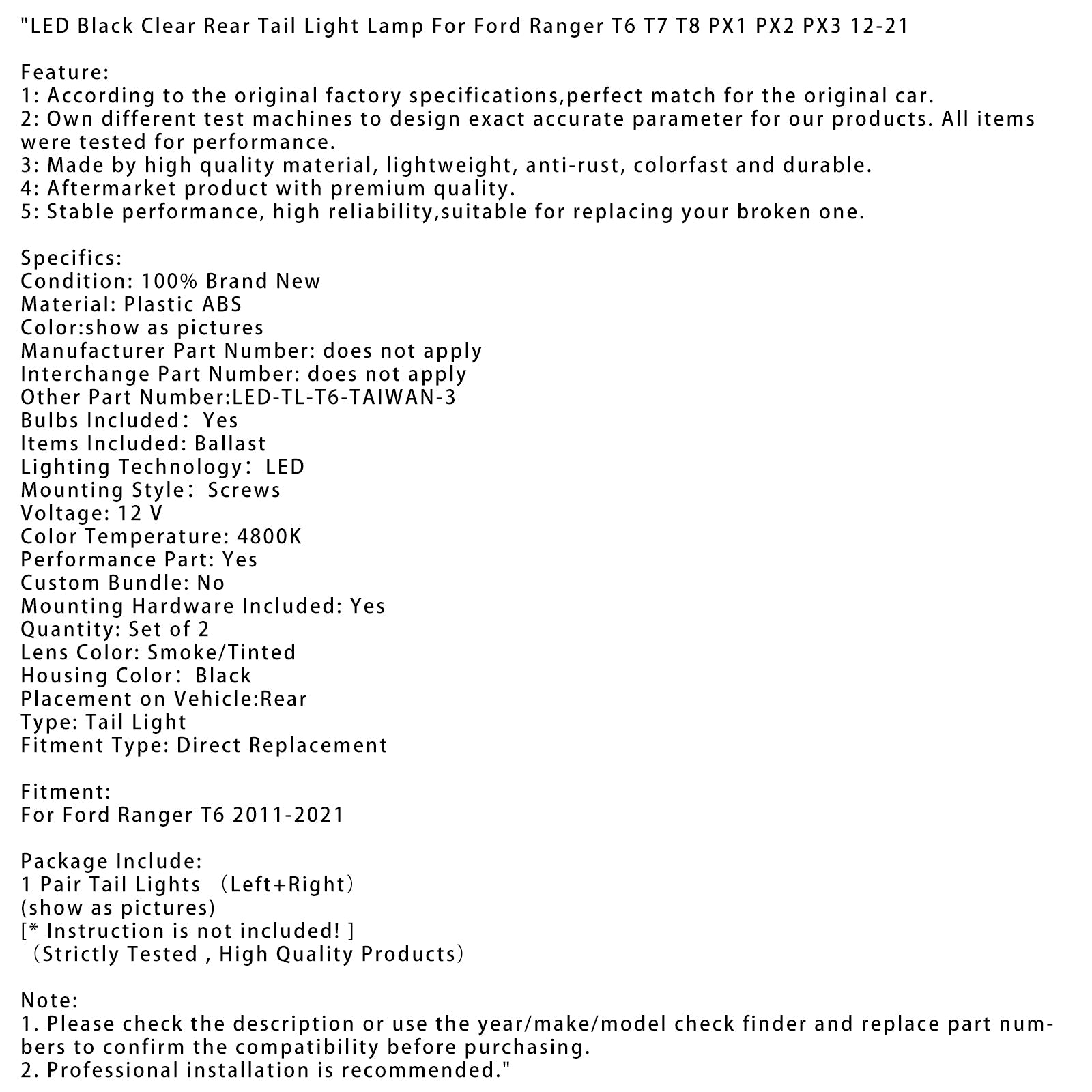 Feu arrière LED noir transparent pour Ford Ranger T6 T7 T8 PX1 PX2 PX3 2012-2021