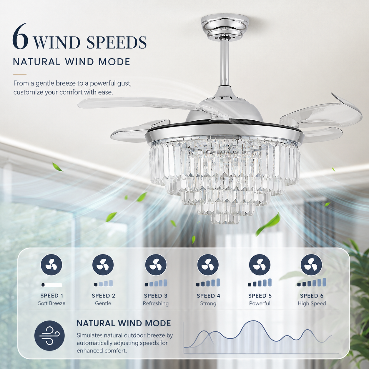 Ventilateur de plafond en cristal de 106 cm avec éclairage pales rétractables couleur argent 6 vitesses