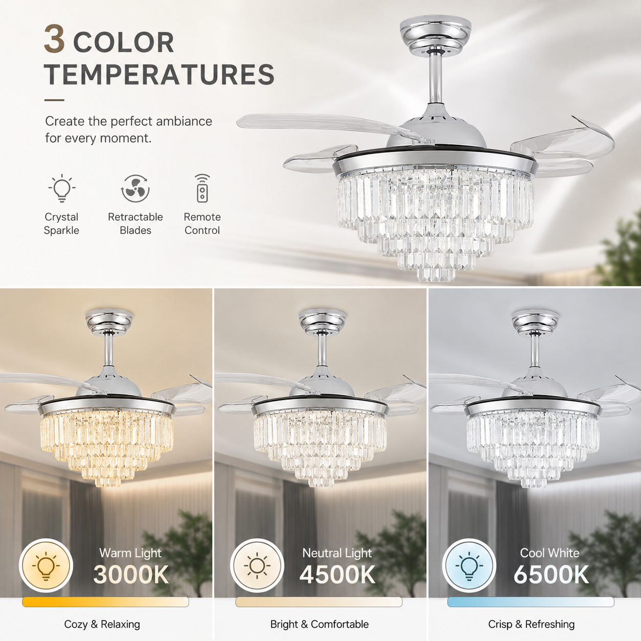 Ventilateur de plafond en cristal de 106 cm avec éclairage pales rétractables couleur argent 6 vitesses