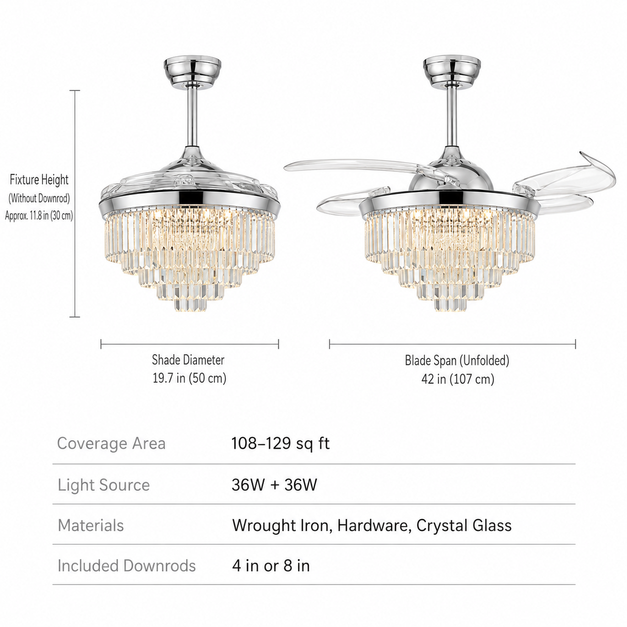 Ventilateur de plafond en cristal de 106 cm avec éclairage pales rétractables couleur argent 6 vitesses