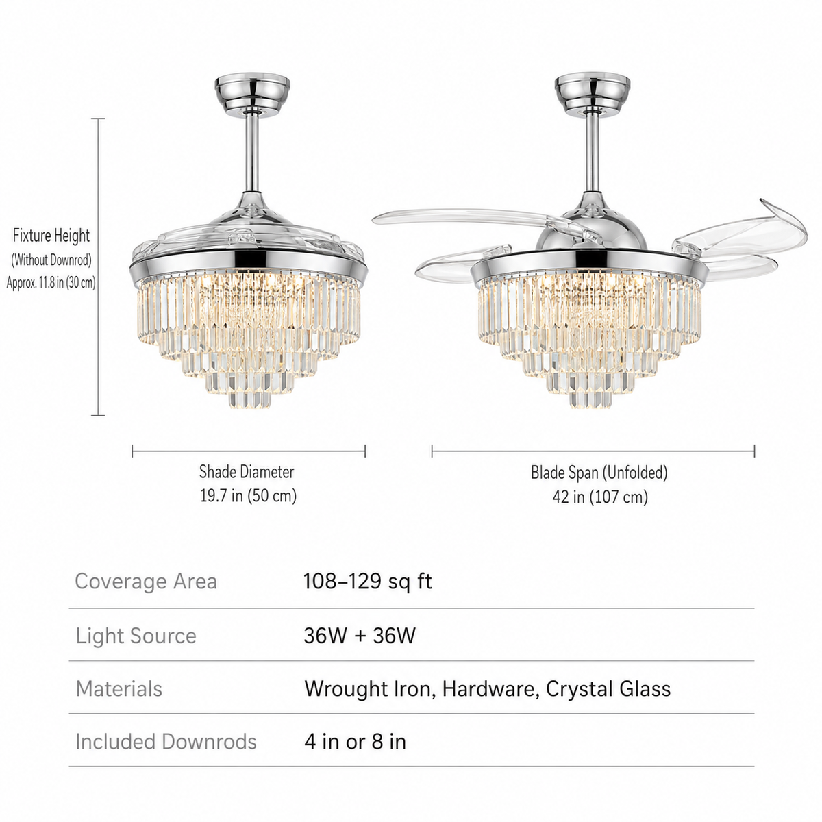 Ventilateur de plafond en cristal de 106 cm avec éclairage