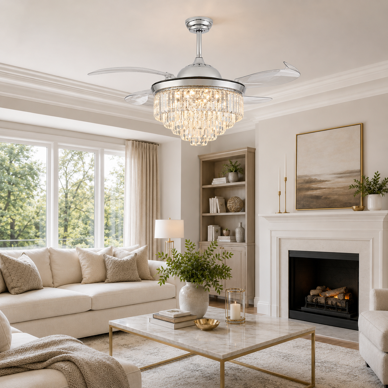 Ventilateur de plafond en cristal de 106 cm avec éclairage pales rétractables couleur argent 6 vitesses