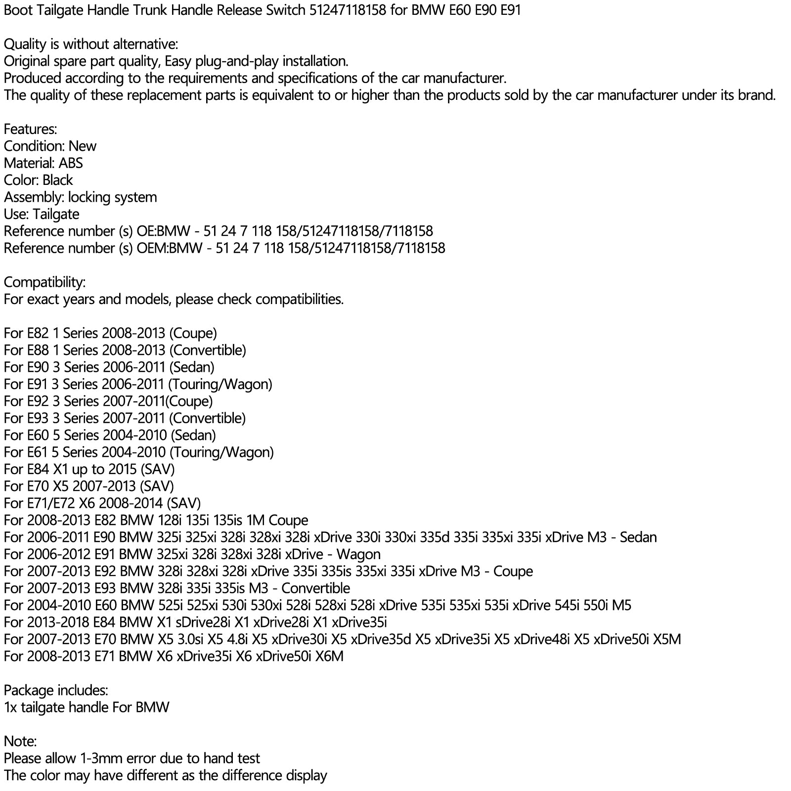 Odklepanje ročaja prsni koš 51247118158 za BMW E60 E90 E91 7118158