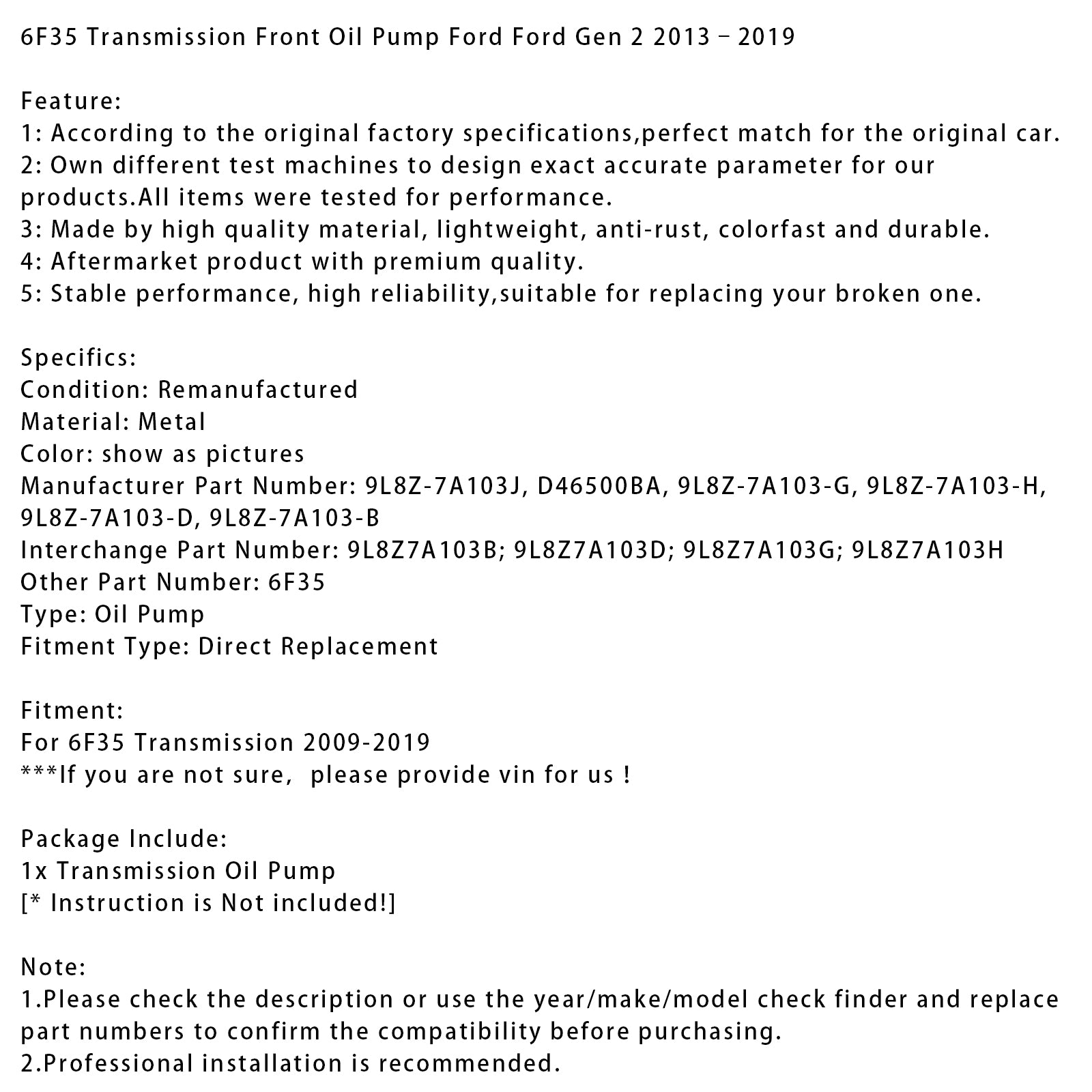 Pompe À Huile Avant Boîte De Vitesses 6F35 Ford Gen 2 2013–2019