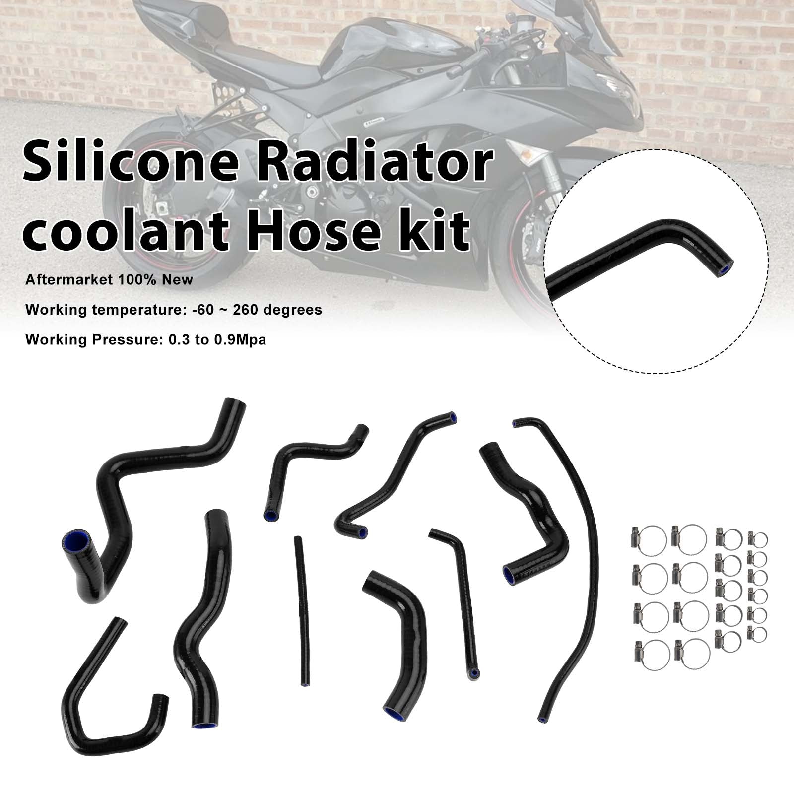 Kit de durites de refroidissement en silicone pour radiateur Kawasaki Ninja 636 ZX-6R 09-26 Black