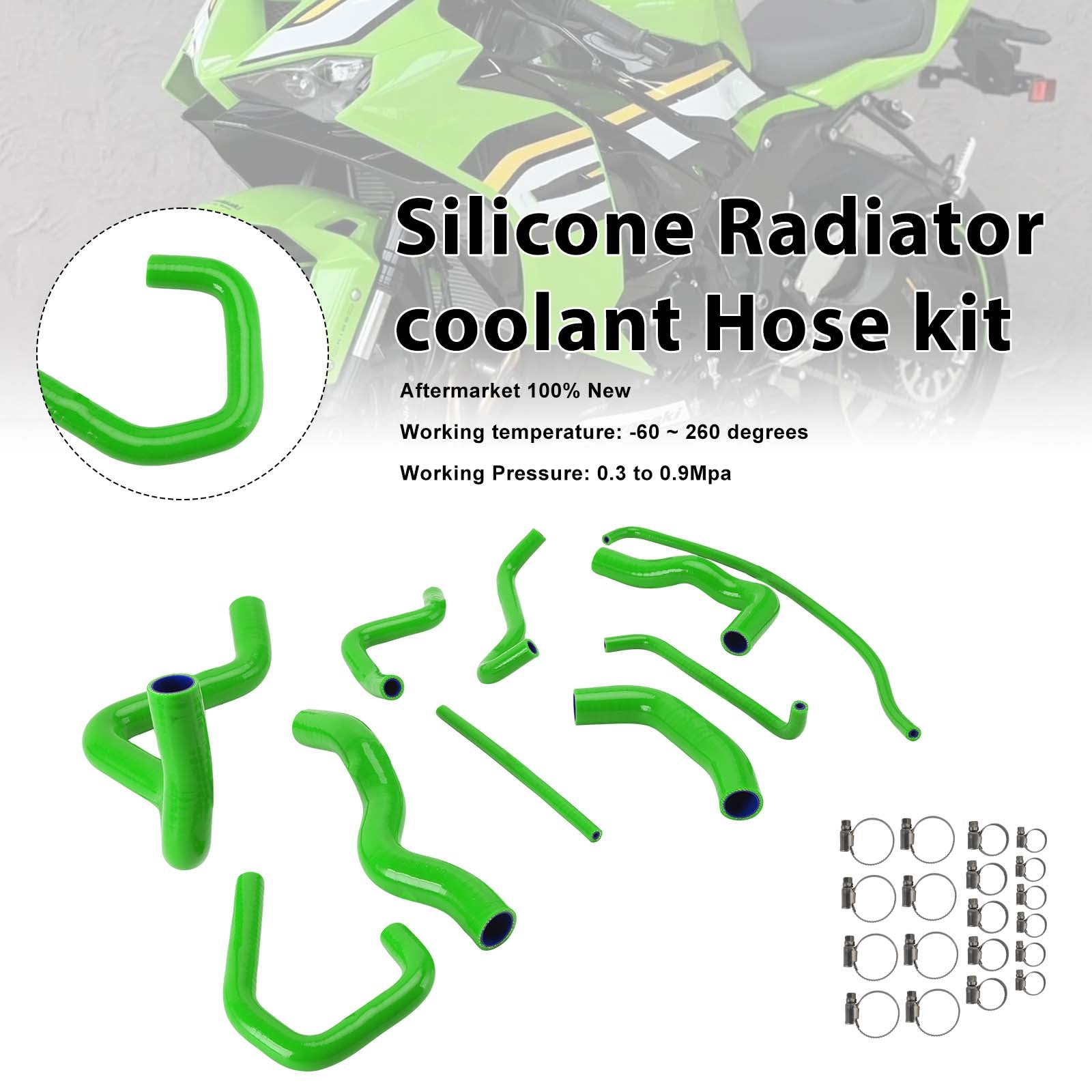 Kit de durites de refroidissement en silicone pour radiateur Kawasaki Ninja 636 ZX-6R 09-26 Green