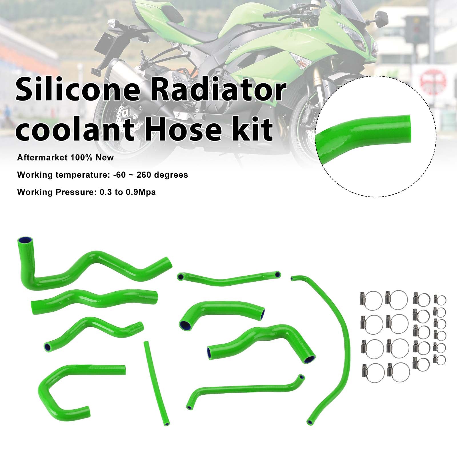 Kit de durites de refroidissement en silicone pour radiateur Kawasaki Ninja 636 ZX-6R 09-26 Green