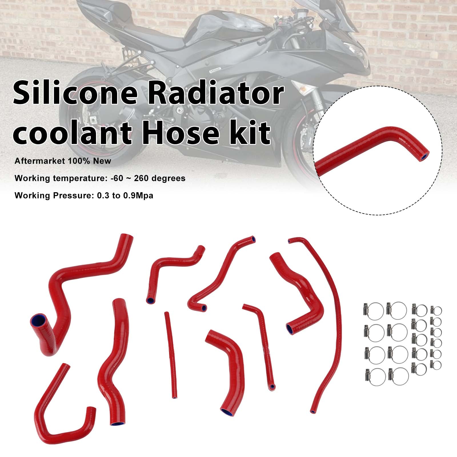 Kit de durites de refroidissement en silicone pour radiateur Kawasaki Ninja 636 ZX-6R 09-26 Red