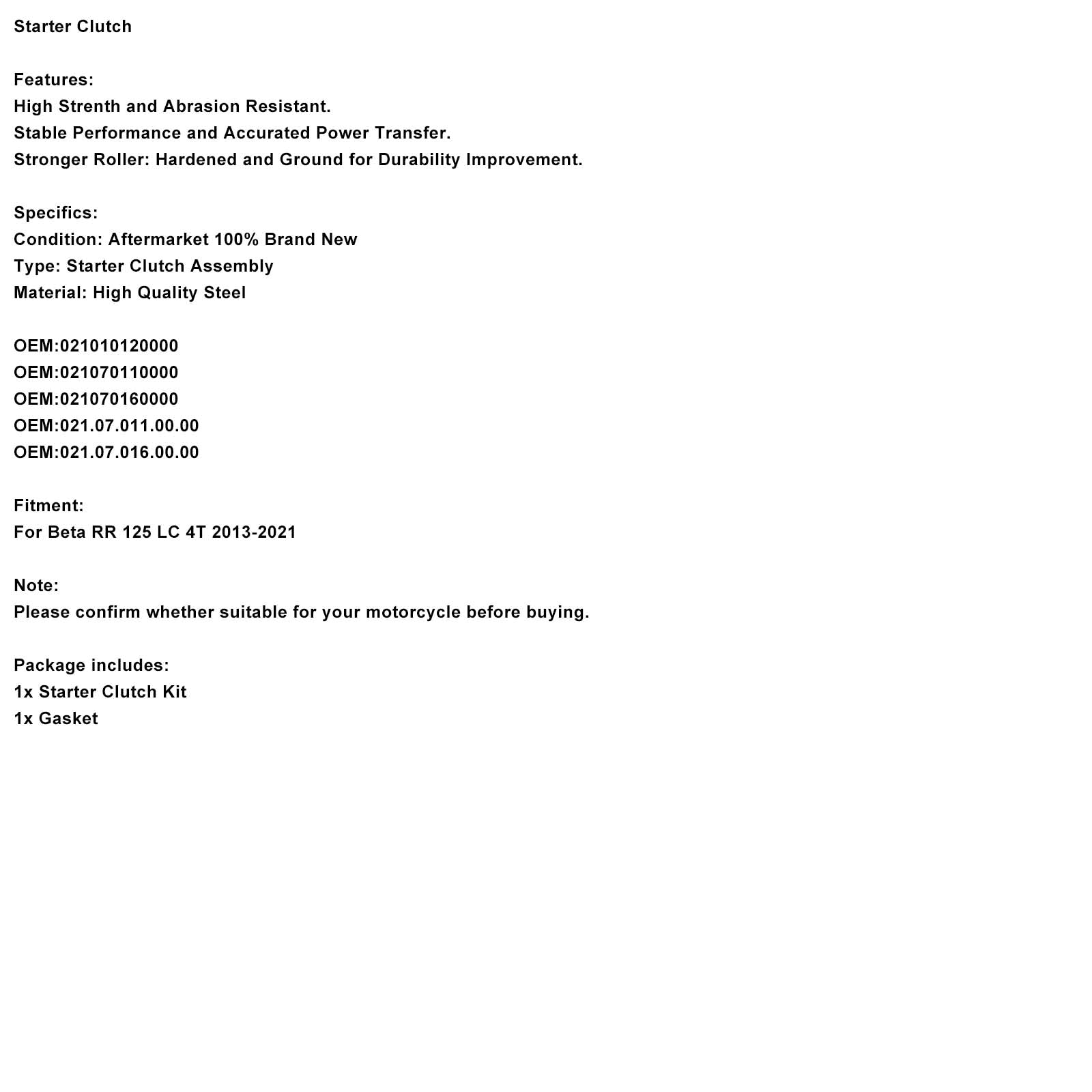 Embrayage de démarreur unidirectionnel 021.07.011.00.00 pour Beta RR 125 LC 4T 2013-2021