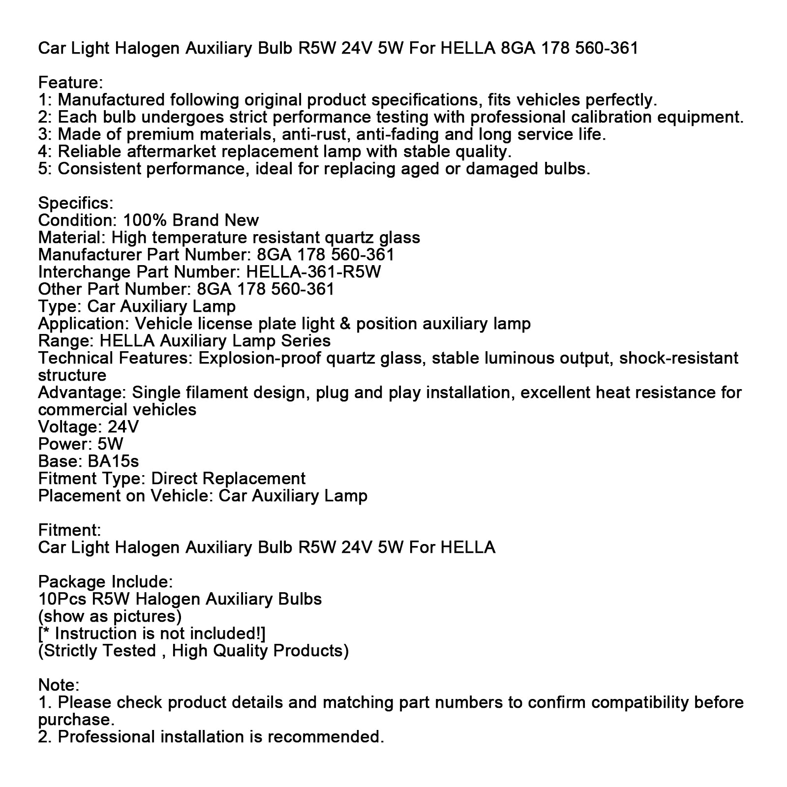 Ampoule Auxiliaire Halogène Voiture R5W 24V 5W Pour HELLA 8GA 178 560-361