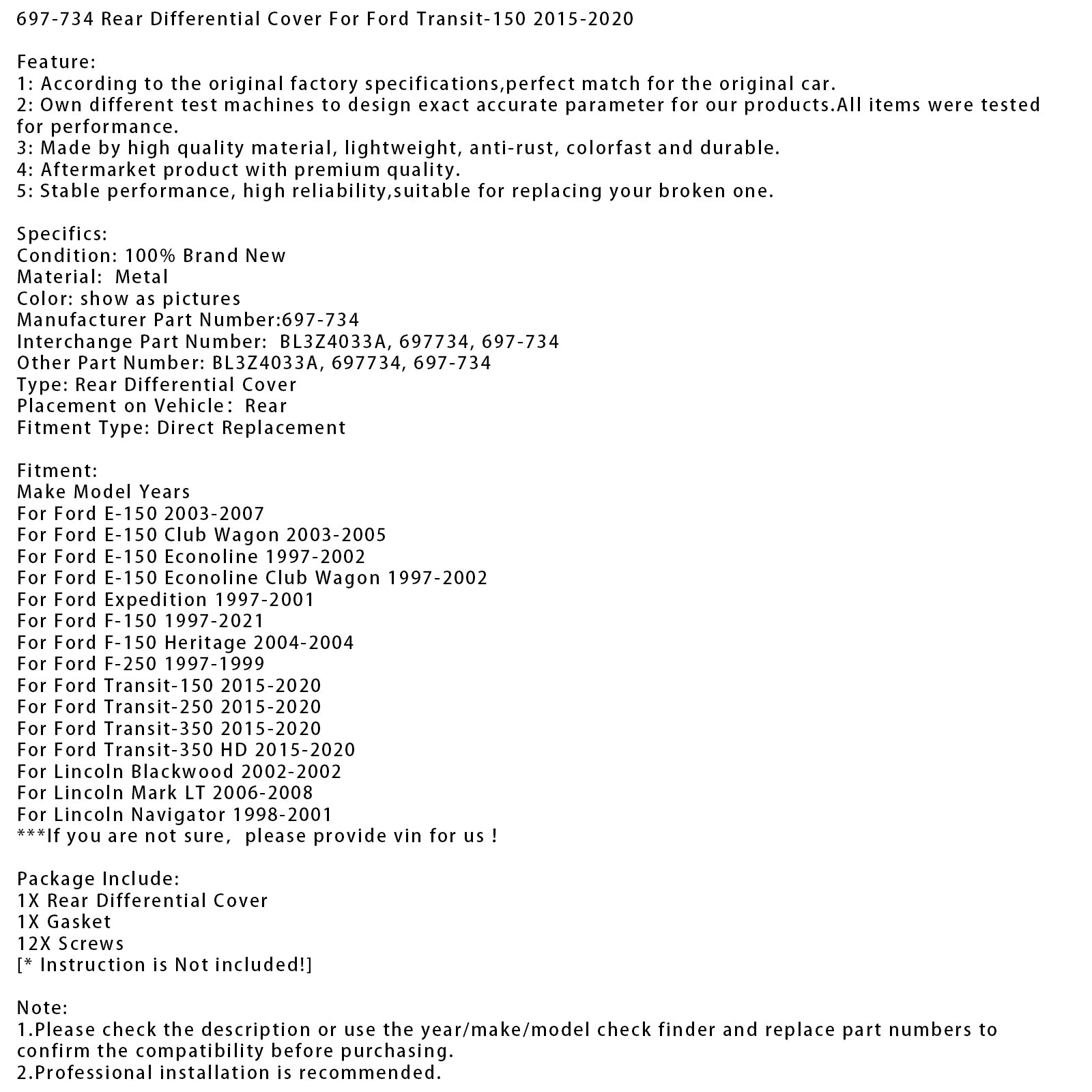 697-734 Couvercle De Différentiel Arrière Pour Ford Transit-150 2015-2020