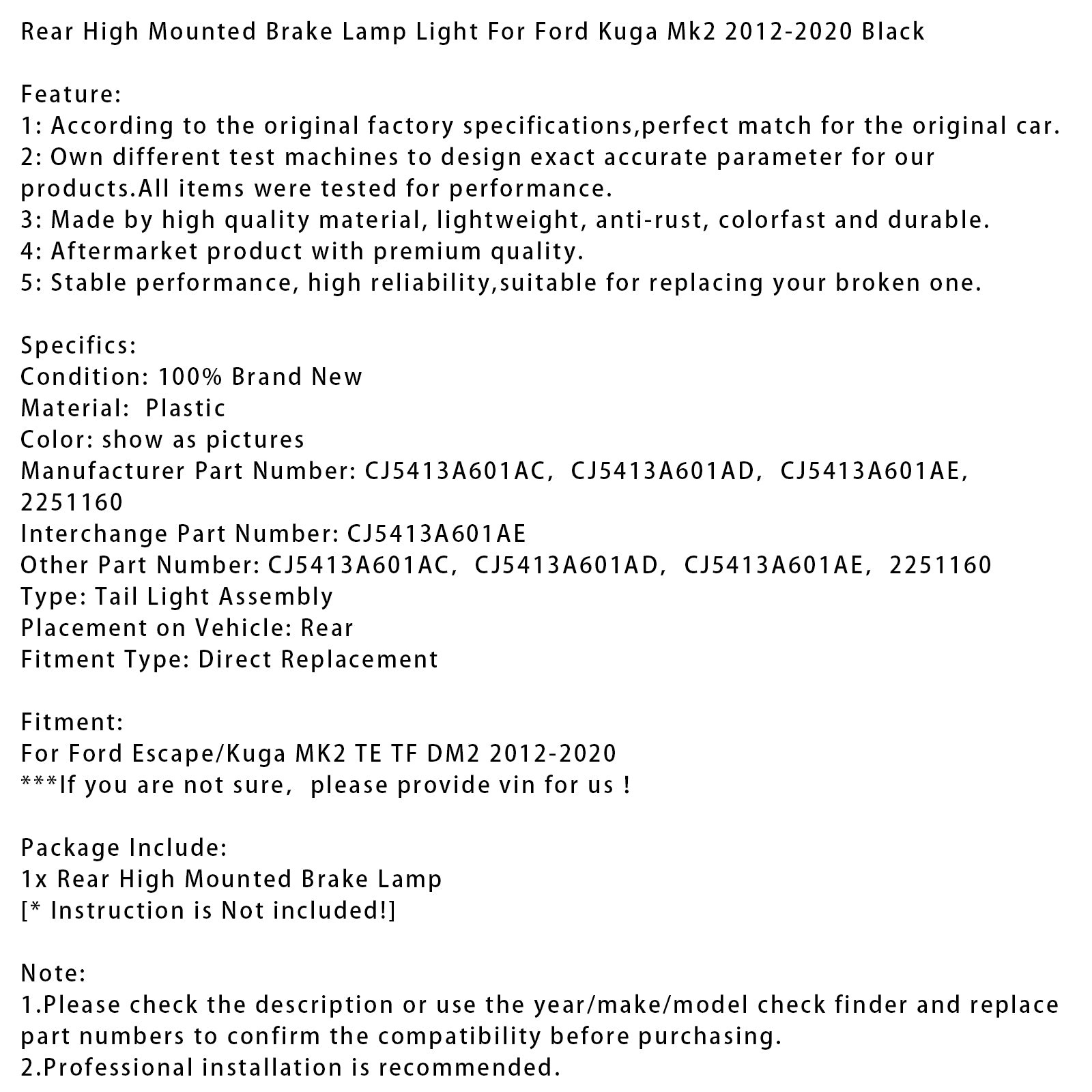 Feu Stop Surélevé Arrière Noir Pour Ford Kuga Mk2 2012-2020