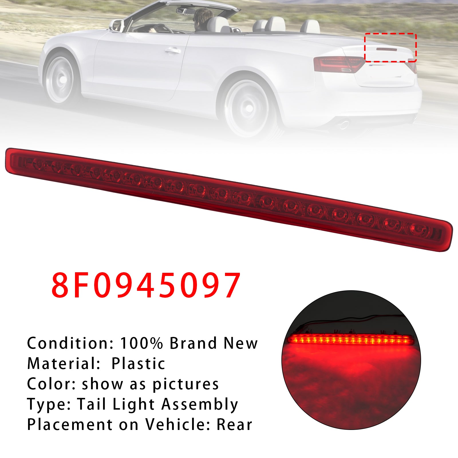 Troisième Feu Stop Arrière Rouge 8F0945097 Pour Audi A5 Cabriolet 2009-2016