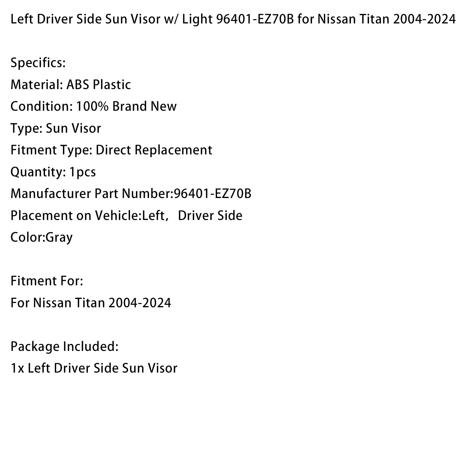 Pare-soleil conducteur avec éclairage 96401-EZ70B pour Nissan Titan 2004-2024
