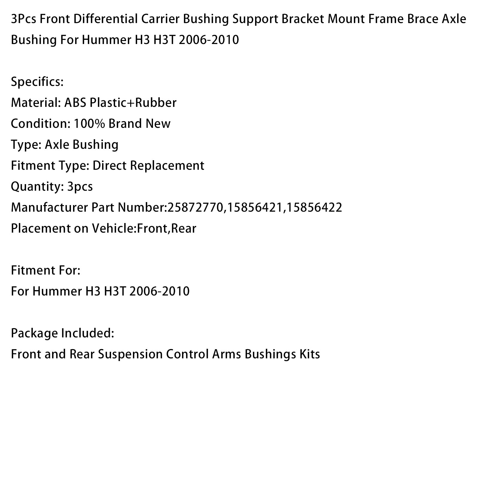 3Pcs Support coussinet diff avant pour Hummer H3 H3T 2006-2010