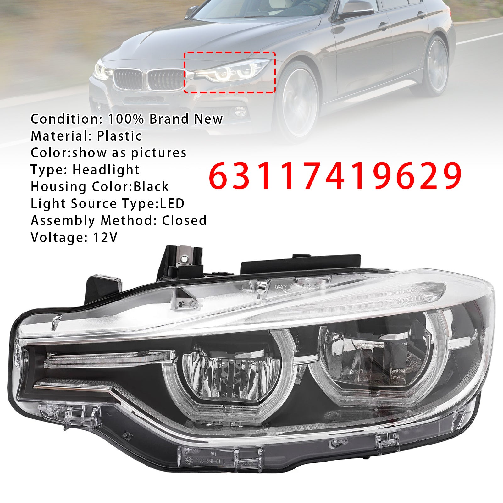 Phare LED Gauche 63117419629 Pour BMW 3 Series F30 F31 2016-2019 Sans AFS
