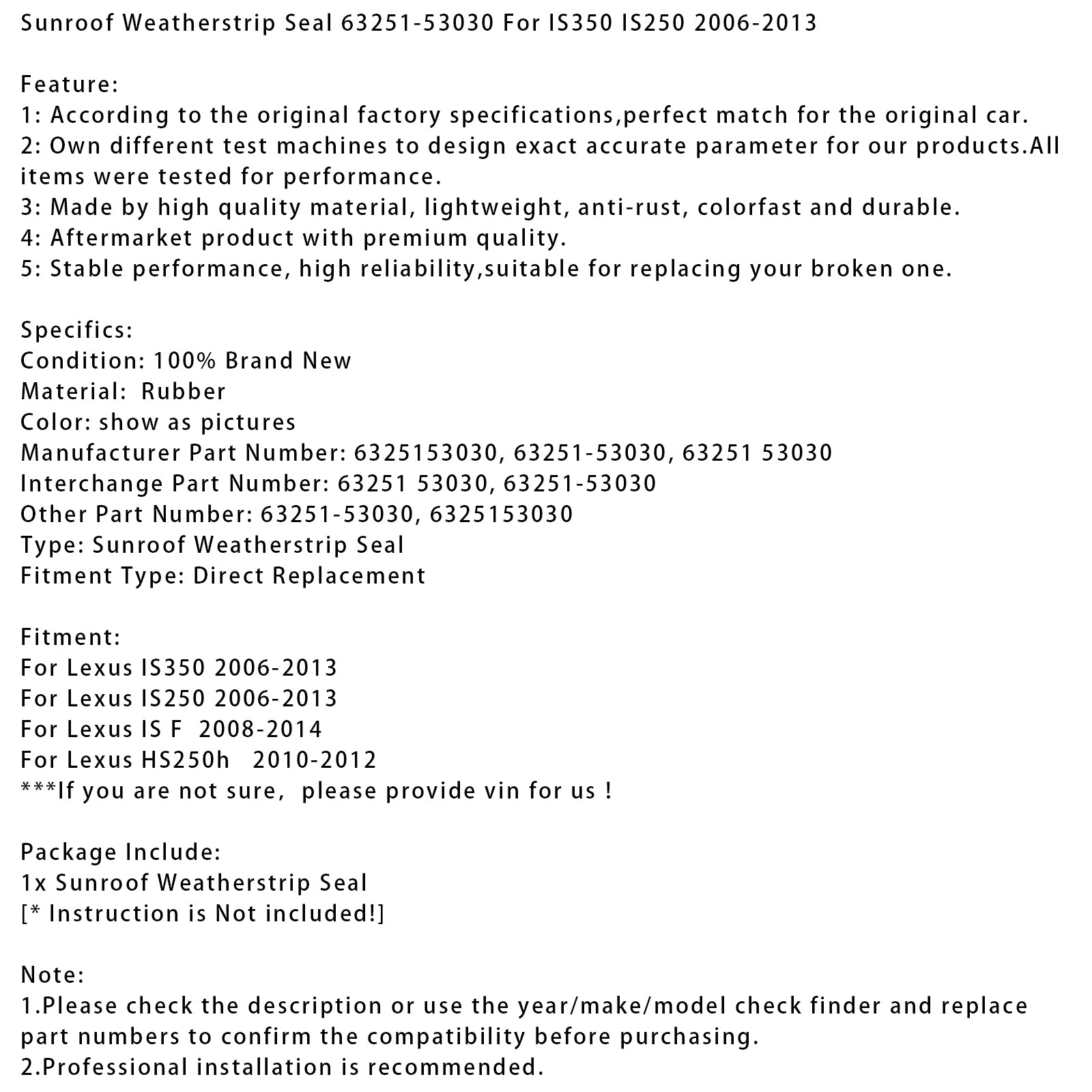 Joint d'Étanchéité de Toit Ouvrant 63251-53030 Pour IS350 IS250 2006-2013