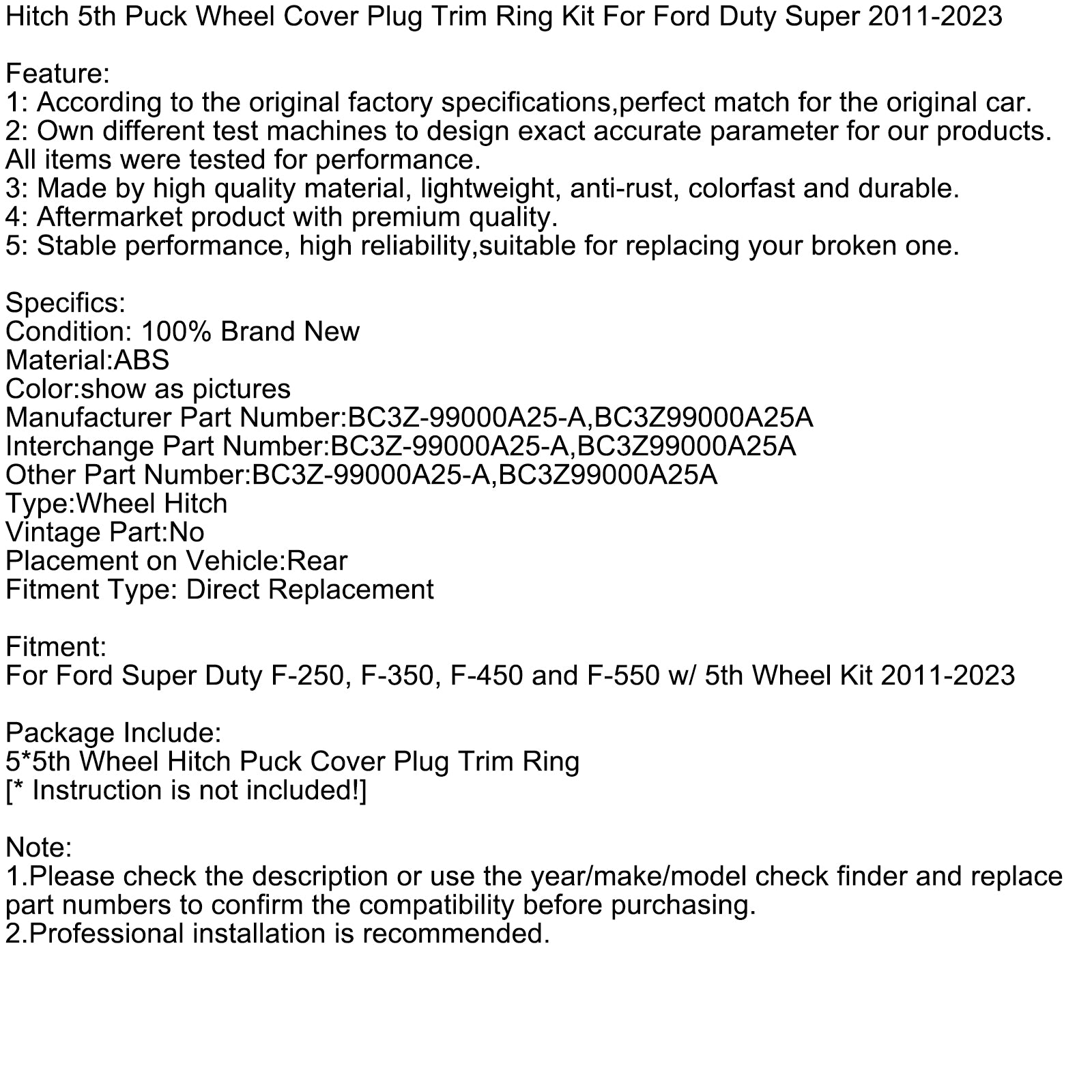 Kit Cache Prise Roue Hitch 5ème Anneau Pour Ford F-Series Super Duty 2011-2023
