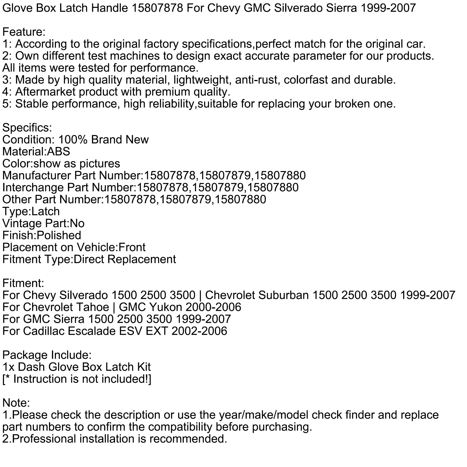 Poignée Verrouillage Boîte à Gants 15807878 Pour Chevy GMC Silverado Sierra