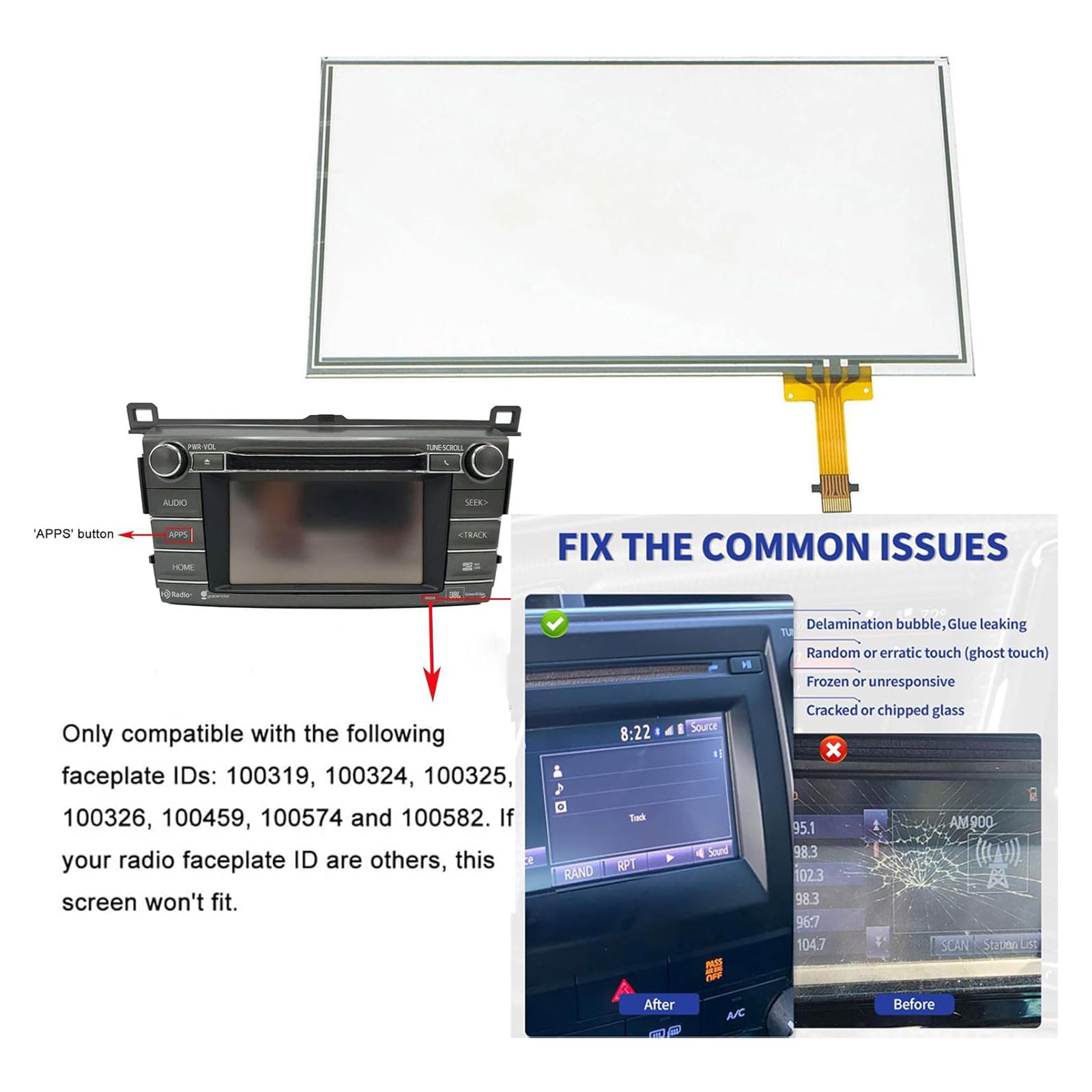 Verre Digitiseur d'Écran Tactile 6.1 inch 12 Pins Pour RAV4 Bouton APPS 14-18