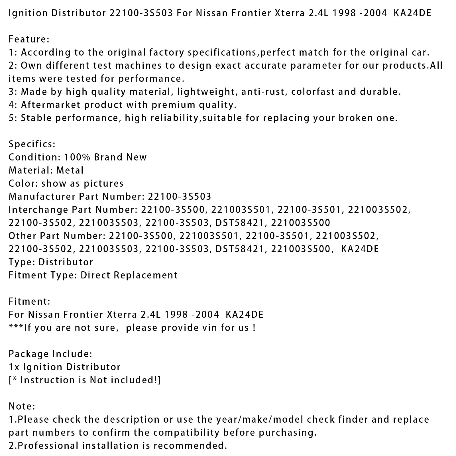 Distributeur d'allumage 22100-3S503 Pour Nissan Frontier Xterra 1998-2004
