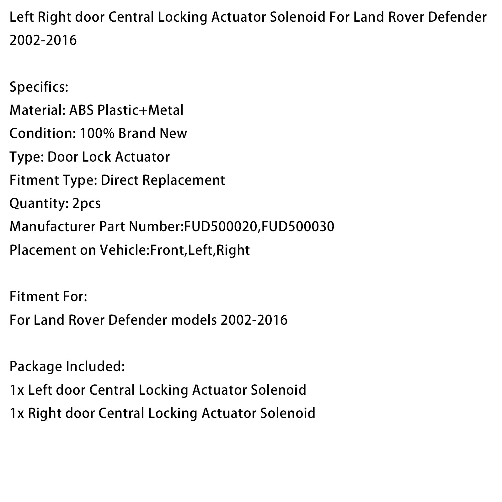 Paire Actionneur Solénoïde Verrouillage Central Pour Land Rover Defender 02-16