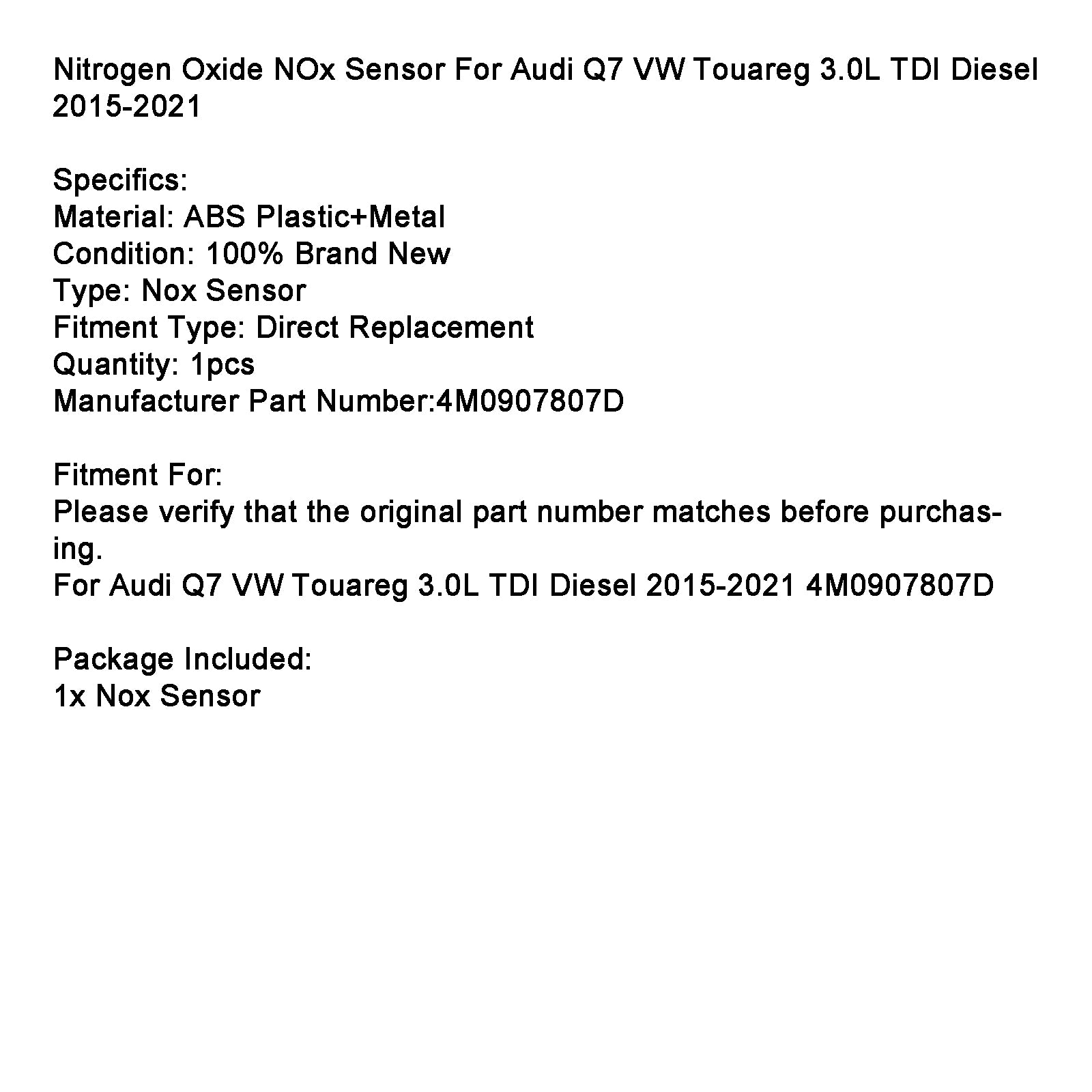 Capteur D'Oxydes D'Azote Nox 4M0907807D Pour Audi Q7 VW Touareg 3.0L 2015-2021