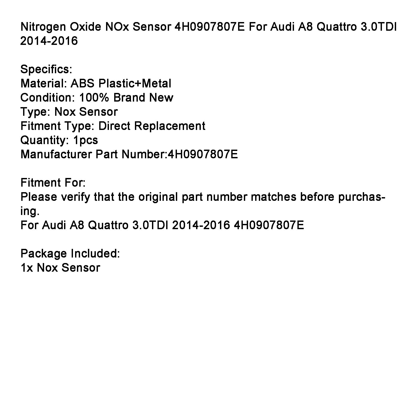 Capteur D'Oxydes D'Azote Nox 4H0907807E Pour Audi A8 Quattro 3.0TDI 2014-2016