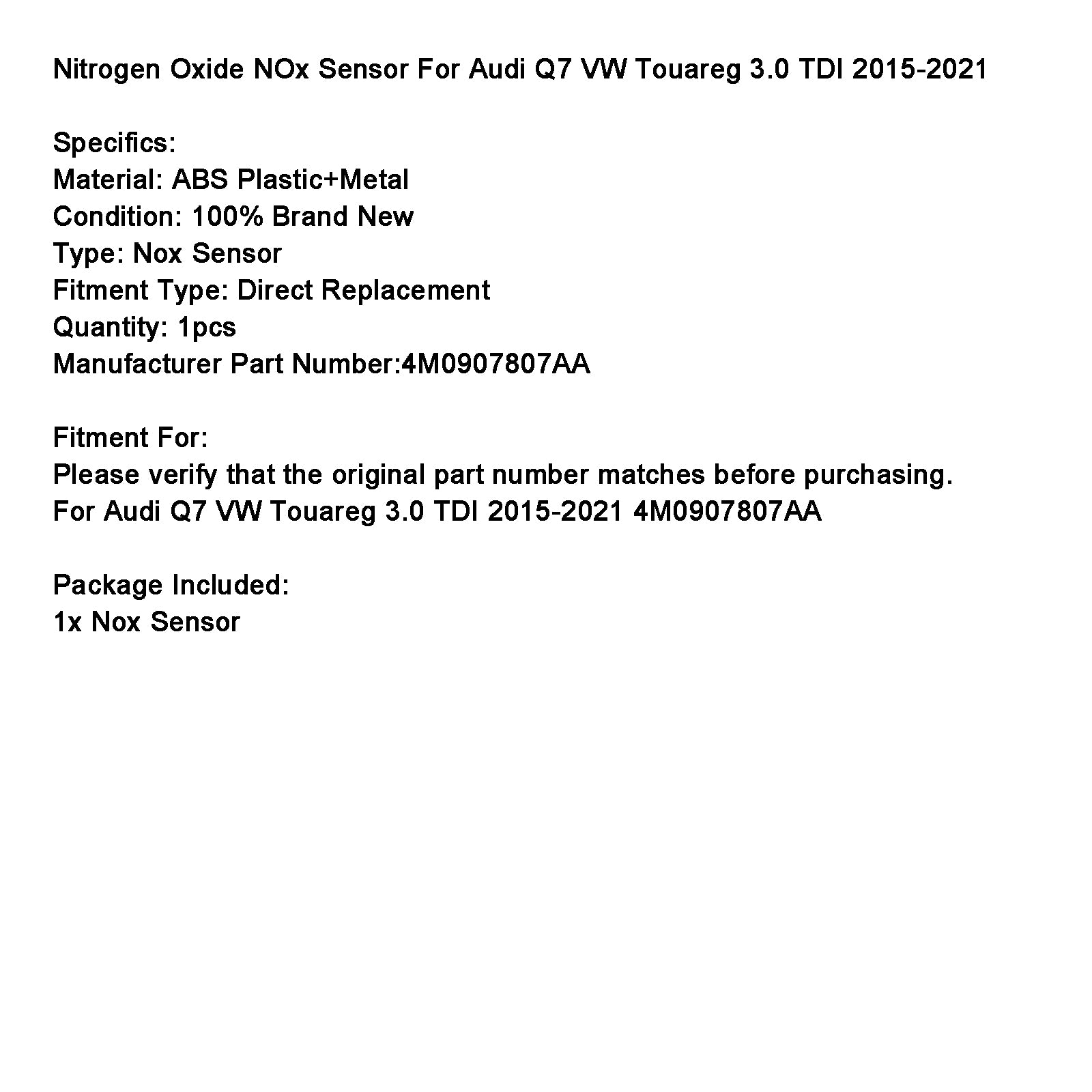 Capteur d'oxydes d'azote NOx 4M0907807AA Pour Audi Q7 VW Touareg 3.0 TDI 2015-2021