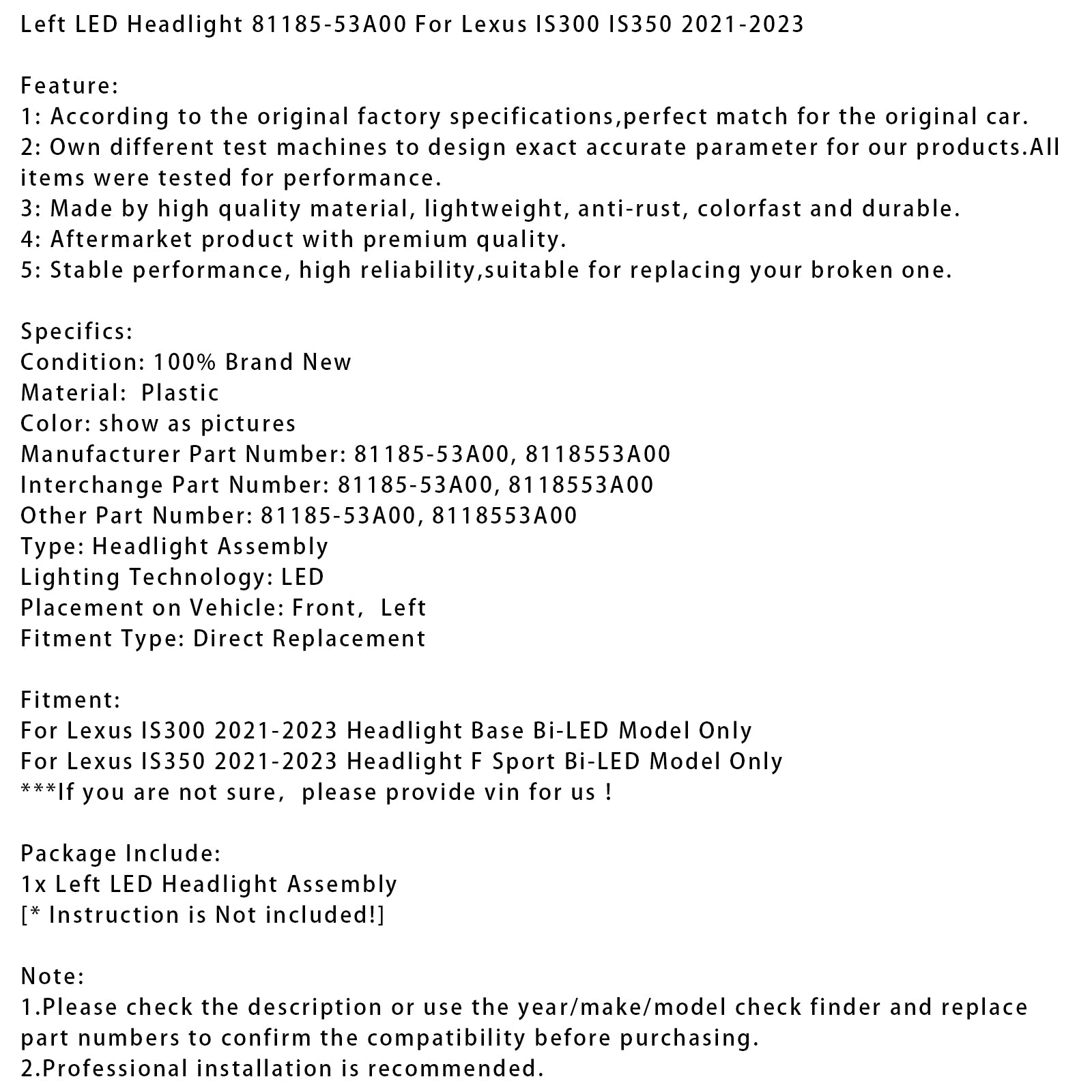 Linker LED-Scheinwerfer 81185-53A00 für Lexus IS300 IS350 2021–2023