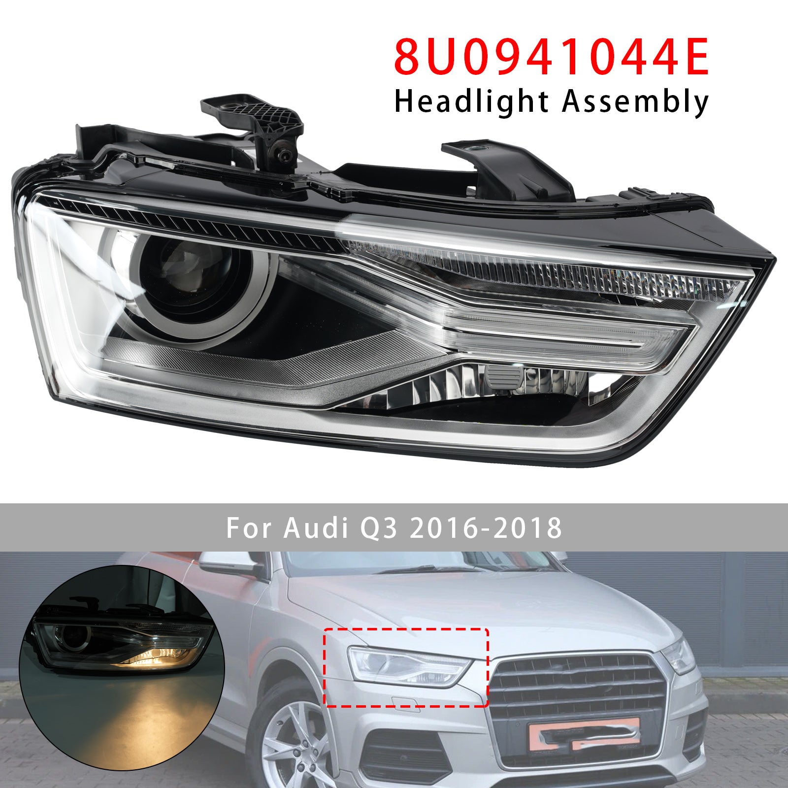 Oikea Xenon-ajovalo polttimolla ja liitäntälaitteella 8U0941044E Audi Q3 2016-2018