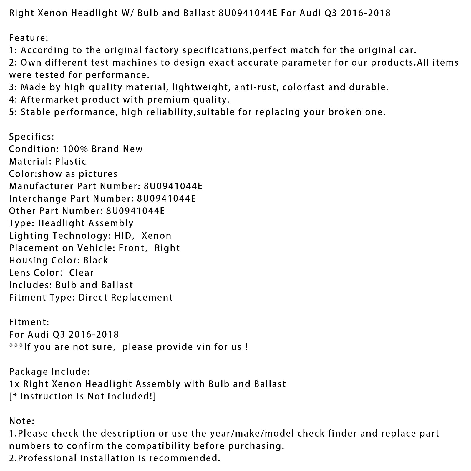 Oikea Xenon-ajovalo polttimolla ja liitäntälaitteella 8U0941044E Audi Q3 2016-2018
