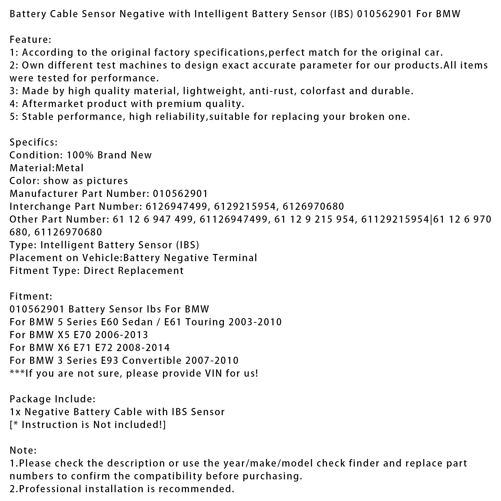 Negatiivisensorin akun kaapeli Smart Sensorilla 010562901 BMW:lle