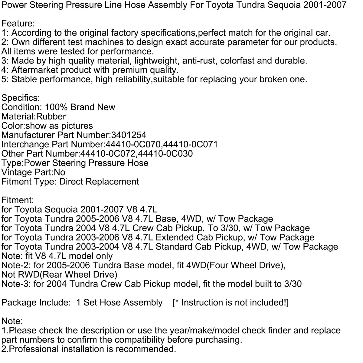Tuyau de Pression de Direction Assistée Pour Toyota Tundra Sequoia 2001-2007