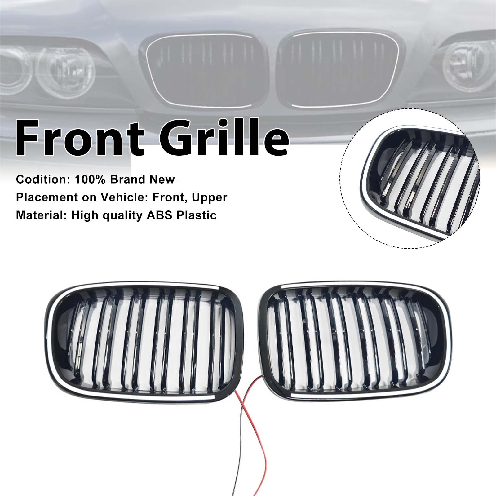 Gloss Black Front Kidney Bumper Grill Grille Pour BMW E46 2-Door 1998-2001 W/LED