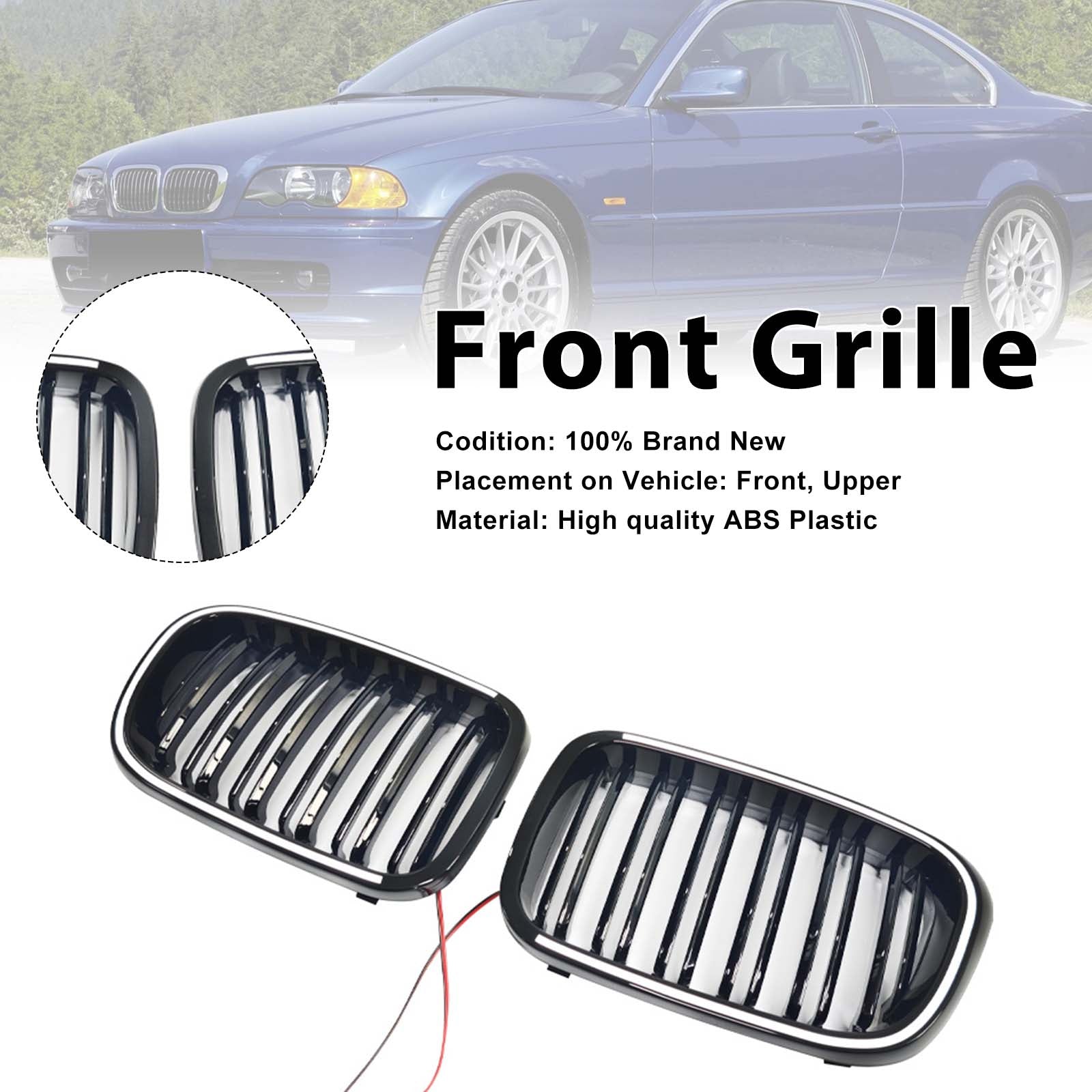 Gloss Black Front Kidney Bumper Grill Grille Pour BMW E46 2-Door 1998-2001 W/LED