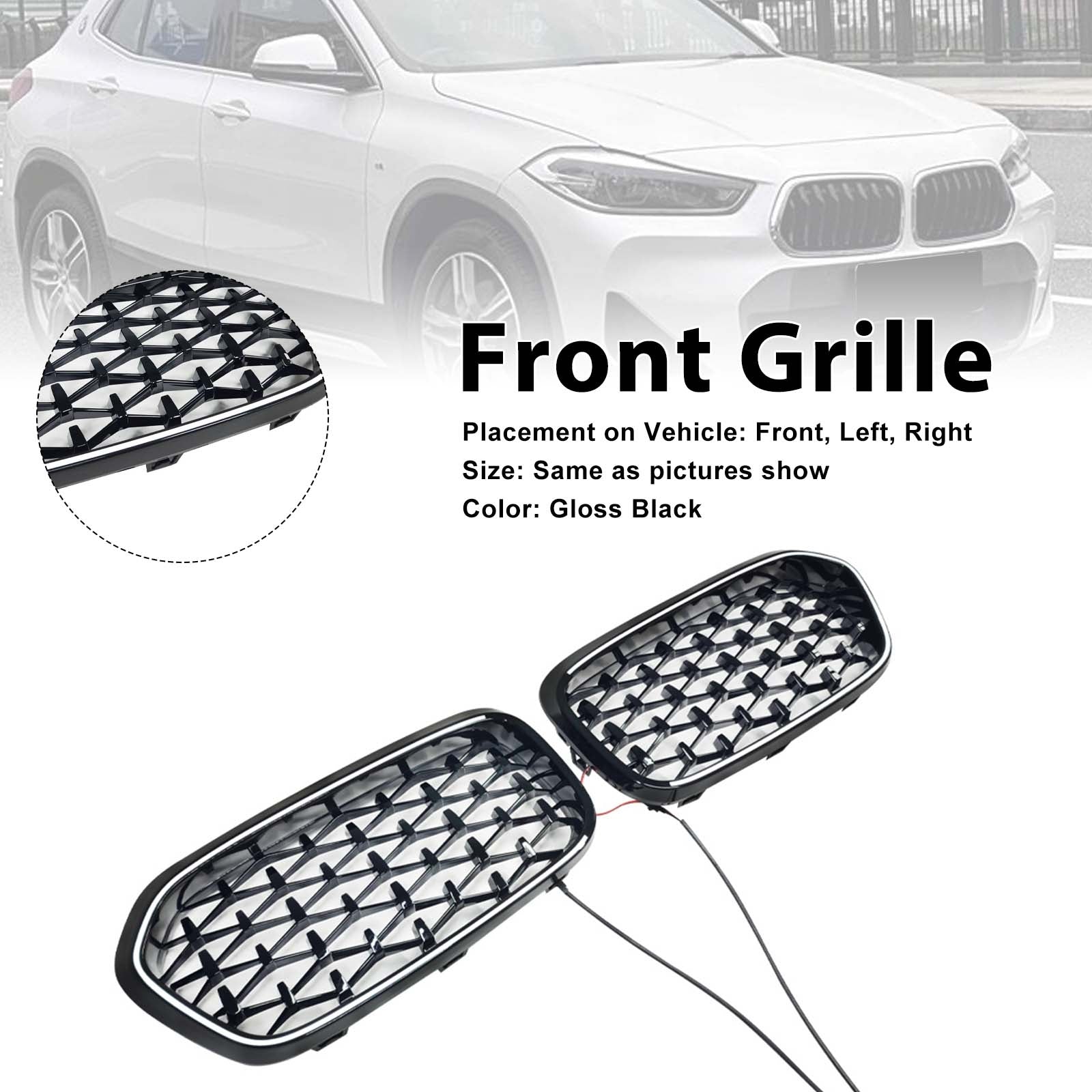 Black Front Bumper Grill Grille Pour BMW X2 Series F39 2018-2023 Diamond
