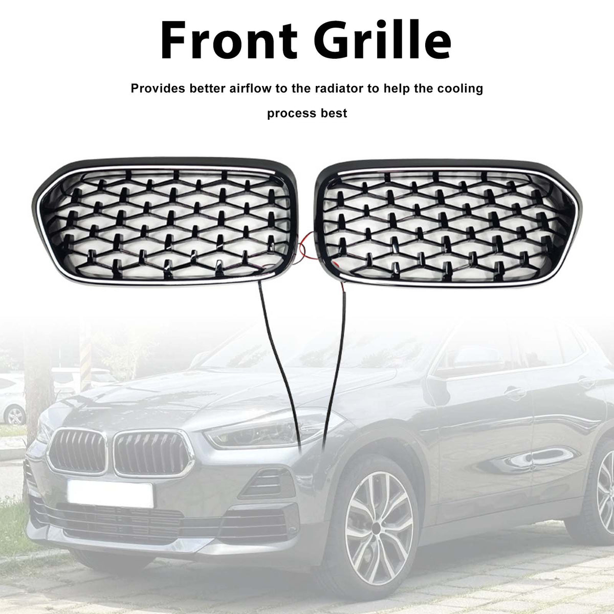 Black Front Bumper Grill Grille Pour BMW X2 Series F39 2018-2023 Diamond